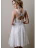 Thin Straps white Beaded Lace Cross Back Knee Length Prom Dress